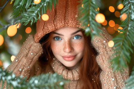 Beautiful redhead girl in winter hat and scarf near Christmas treeの素材