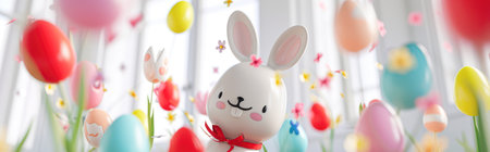 Easter bunny with colorful eggs in the room. 3d renderingの素材
