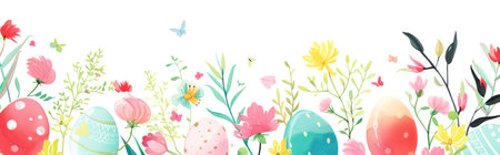 Easter banner with eggs, flowers and butterflies. Vector illustration.の素材