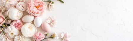 Easter background. Easter eggs and flowers on white background. Top view, flat lay, copy spaceの素材