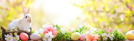 Easter bunny and easter eggs with spring flowers on bokeh backgroundの素材
