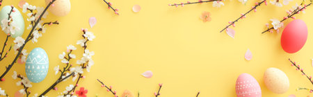 Banner with easter eggs and blooming branches on a yellow background.の素材