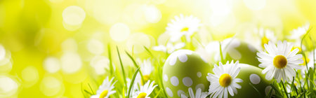 Easter eggs in the grass with daisies. Easter background.の素材