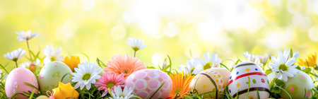 Easter eggs and flowers on green grass with bokeh backgroundの素材
