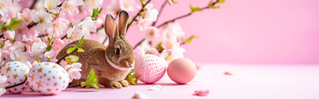 Easter bunny and easter eggs on pink background. Happy Easter concept.の素材