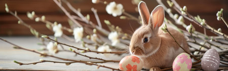Happy Easter. Easter bunny and easter eggs on wooden backgroundの素材