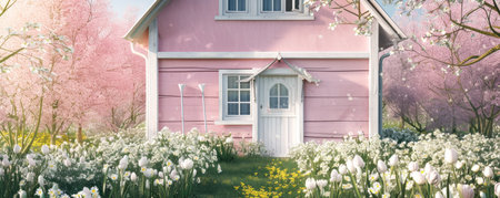 Beautiful spring garden with white tulips and pink house. 3d renderingの素材