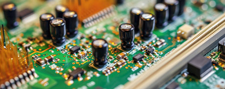 Close-up of electronic circuit board. Electronic computer hardware technology.の素材