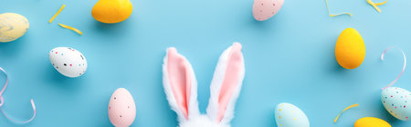 Banner with Easter bunny ears and colorful eggs on blue background. Top view.の素材
