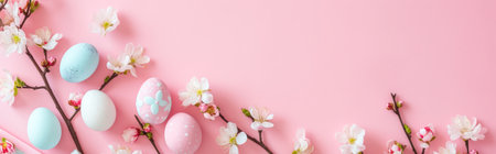 Banner with Easter eggs and spring flowers on a pink background.の素材