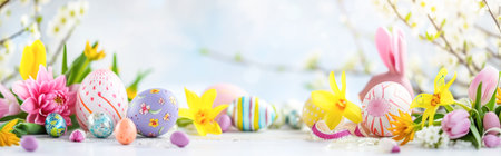 Easter background with spring flowers, easter eggs and bunny earsの素材