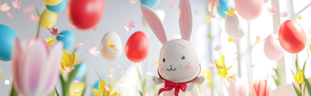 Easter bunny with colorful eggs and tulip flowers. 3d renderingの素材