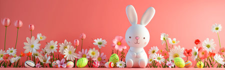 Easter bunny with spring flowers and easter eggs on pink backgroundの素材