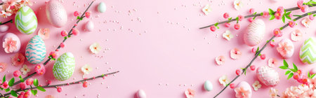 Easter banner with eggs and spring flowers on pink background. Top view, flat lay.の素材