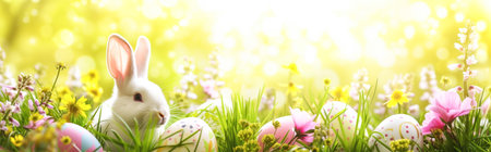 Easter bunny and eggs on green grass with flowers. Easter backgroundの素材