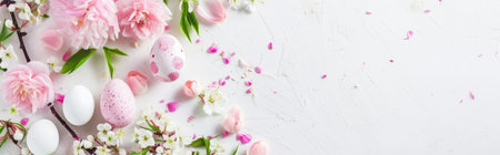 Banner with Easter eggs and spring flowers on a white background.の素材