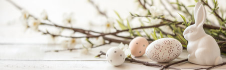 Easter background with easter eggs, bunny and spring flowers on white wooden tableの素材