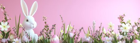 Easter background with spring flowers and bunny on pink background. Happy Easter concept.の素材