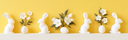 Easter holiday background with white bunny and flowers on pastel yellow backgroundの素材