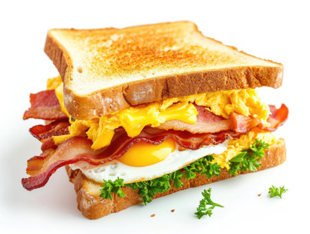 Toasted bread with fried egg and bacon isolated on white background.の素材