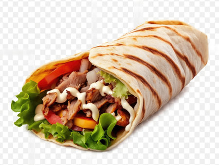 Shawarma roll with meat, vegetables and sauce. Isolated on transparent background.の素材