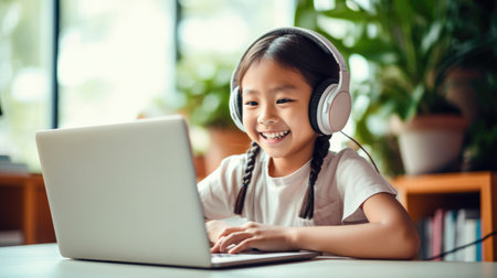 Asian little girl using laptop and headphones in living room at homeの素材