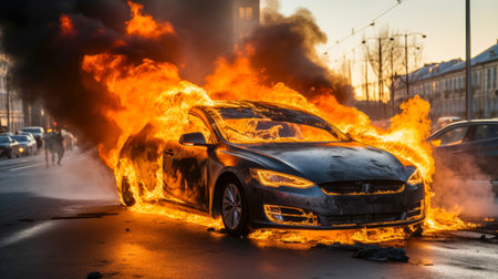 Burning car in the city. Burning car in the city.の素材