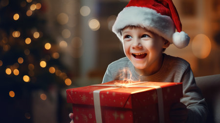 Cute little boy in Santa hat with Christmas gift box at homeの素材