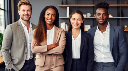 Portrait of smiling businesspeople standing with arms crossed in modern officeの素材