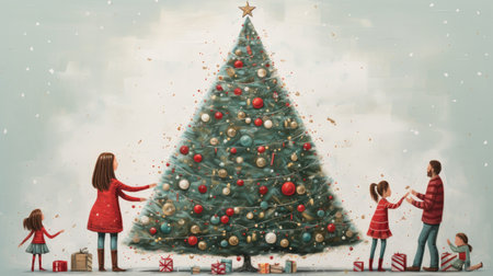 Happy family decorating Christmas tree at home. Winter holidays concept.の素材
