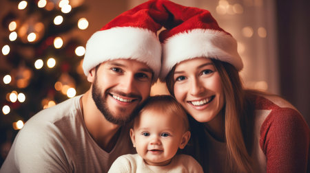 happy family with baby in santa hat at home on christmasの素材