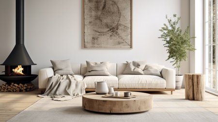 Modern living room interior design with fireplace, sofa and coffee table. 3d renderingの素材