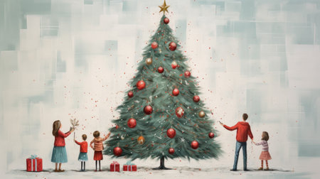 Composite image of family decorating Christmas tree with baublesの素材