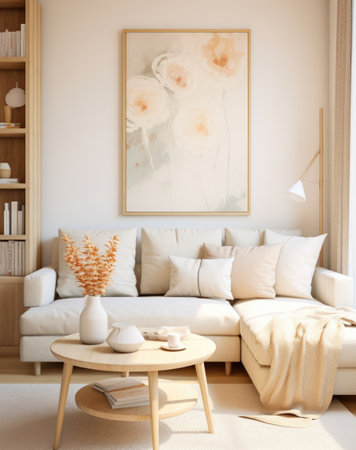 Interior of living room with beige sofa, coffee table, bookshelf and flowers. Mock up poster frame. 3d renderingの素材