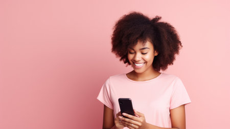 Happy african american young woman using mobile phone on pink backgroundの素材