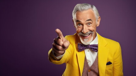 Cheerful senior man in yellow jacket and bow tie pointing at cameraの素材