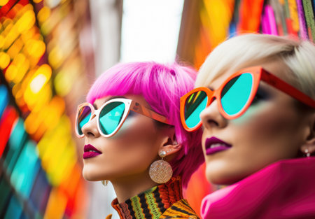 Two female mannequins with bright pink hair and sunglasses.の素材