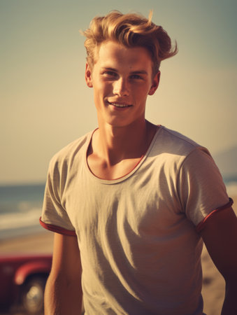 Handsome young man with blond hair, wearing casual t-shirt, standing on beach, looking at camera.の素材