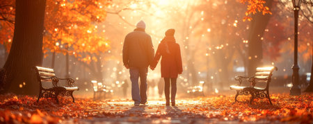Couple in love walking in the autumn park. Love concept.の素材