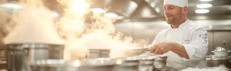 Chef preparing food in a restaurant kitchen, panoramic bannerの素材