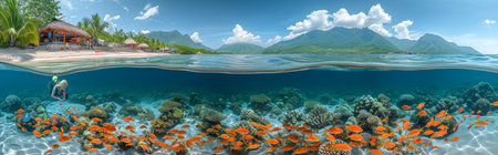 Panorama of coral reef with tropical fishes and bungalows underwaterの素材