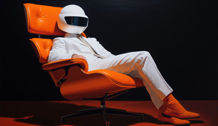 man in a white suit and virtual reality glasses sitting in an orange chairの素材