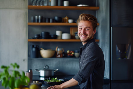 Portrait of a smiling young man cooking in the kitchen at homeの素材