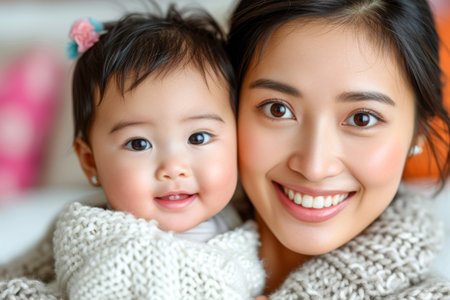 Portrait of beautiful Asian mother and her adorable baby girl.の素材