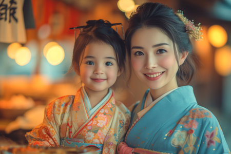 Beautiful Asian mother and daughter in kimono with bokeh backgroundの素材