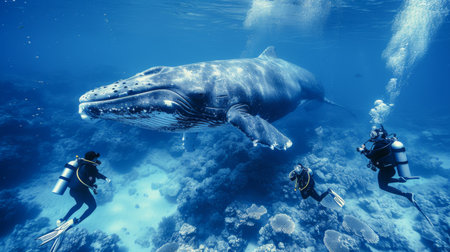 Humpback whale and scuba divers in deep blue water.の素材