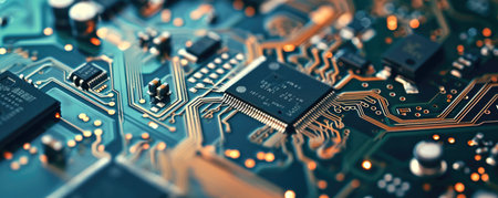 Close-up of electronic circuit board with microcircuits. Technology backgroundの素材