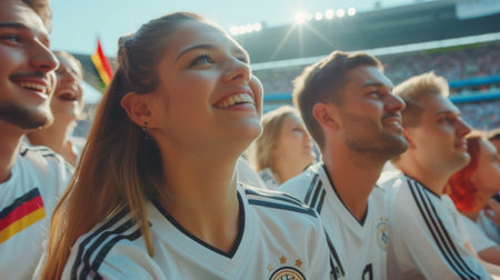 Cheerful european football fans cheering for favorite team at stadiumの素材