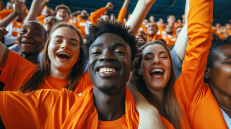 Cheerful football fan in orange t-shirt cheering at stadiumの素材