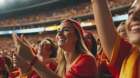 Cheering fans in red and yellow sportswear at football stadiumの素材
